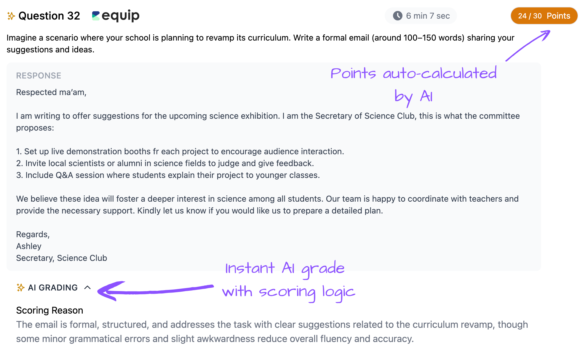 Snapshot of the results for a writing question on Equip