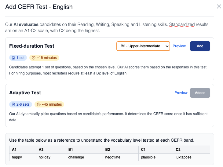 choose CEFR test format on Equip: fixed vs adaptive