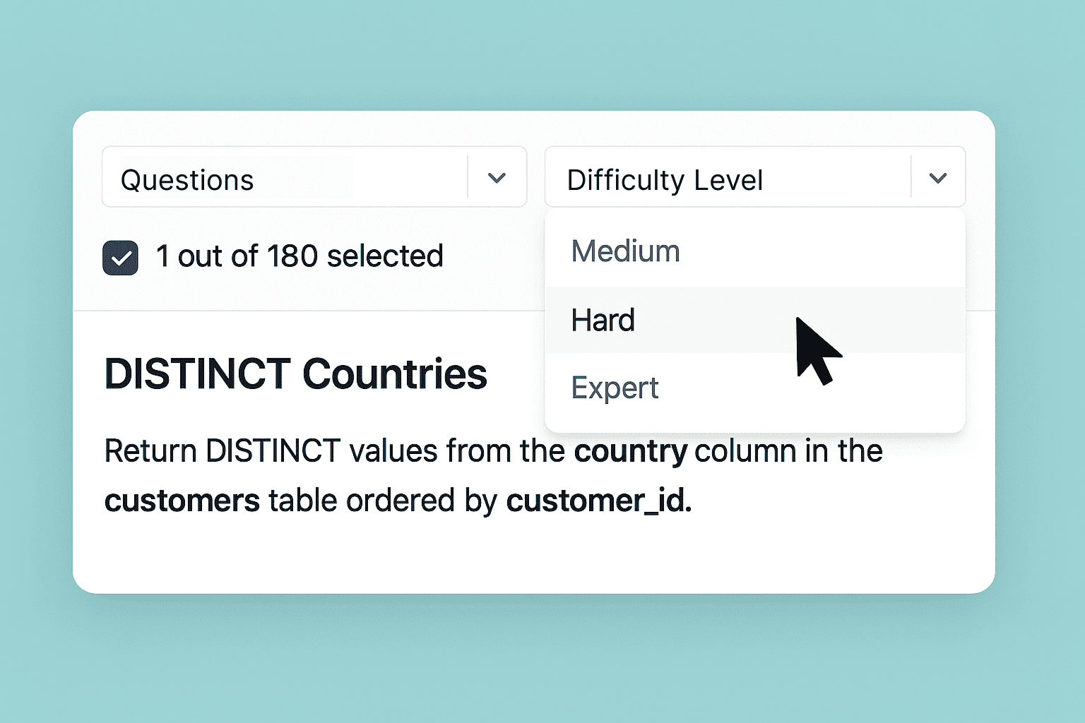 Select a SQL Question from our Question Bank's thumbnail